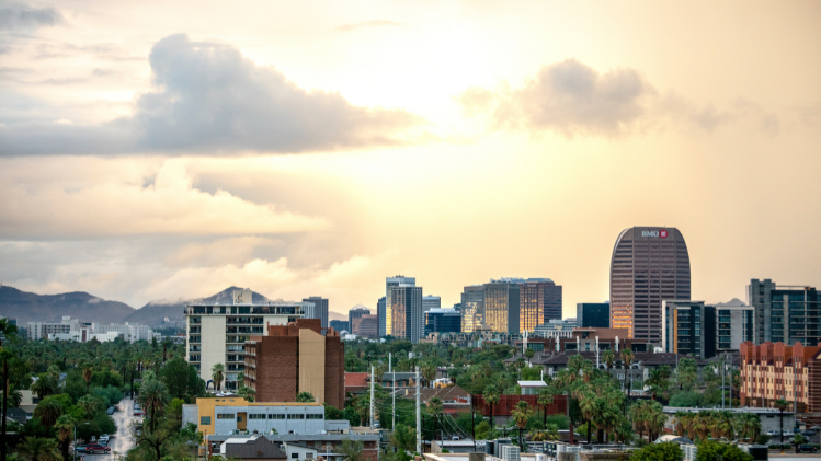 Skyline photo of downtown Phoenix during a monsoon